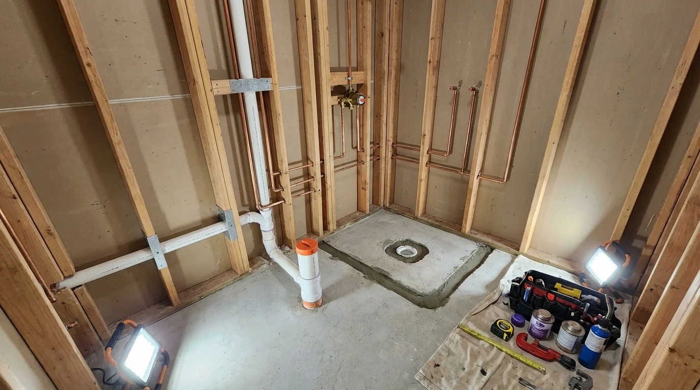 Bathroom rough-in plumbing during remodel by Johns Plumbing LLC in Stryker