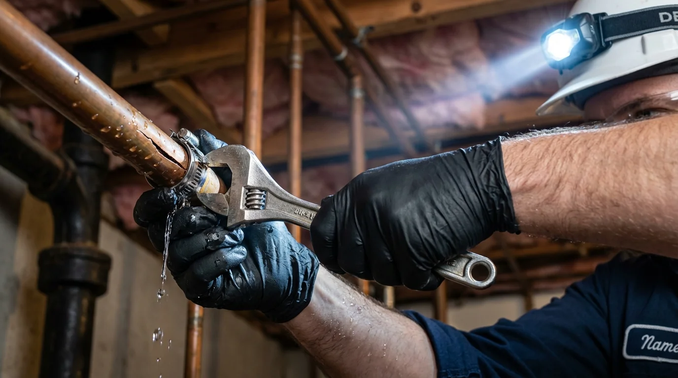 Emergency pipe clamp repair being performed by a Johns Plumbing LLC plumber in Stryker