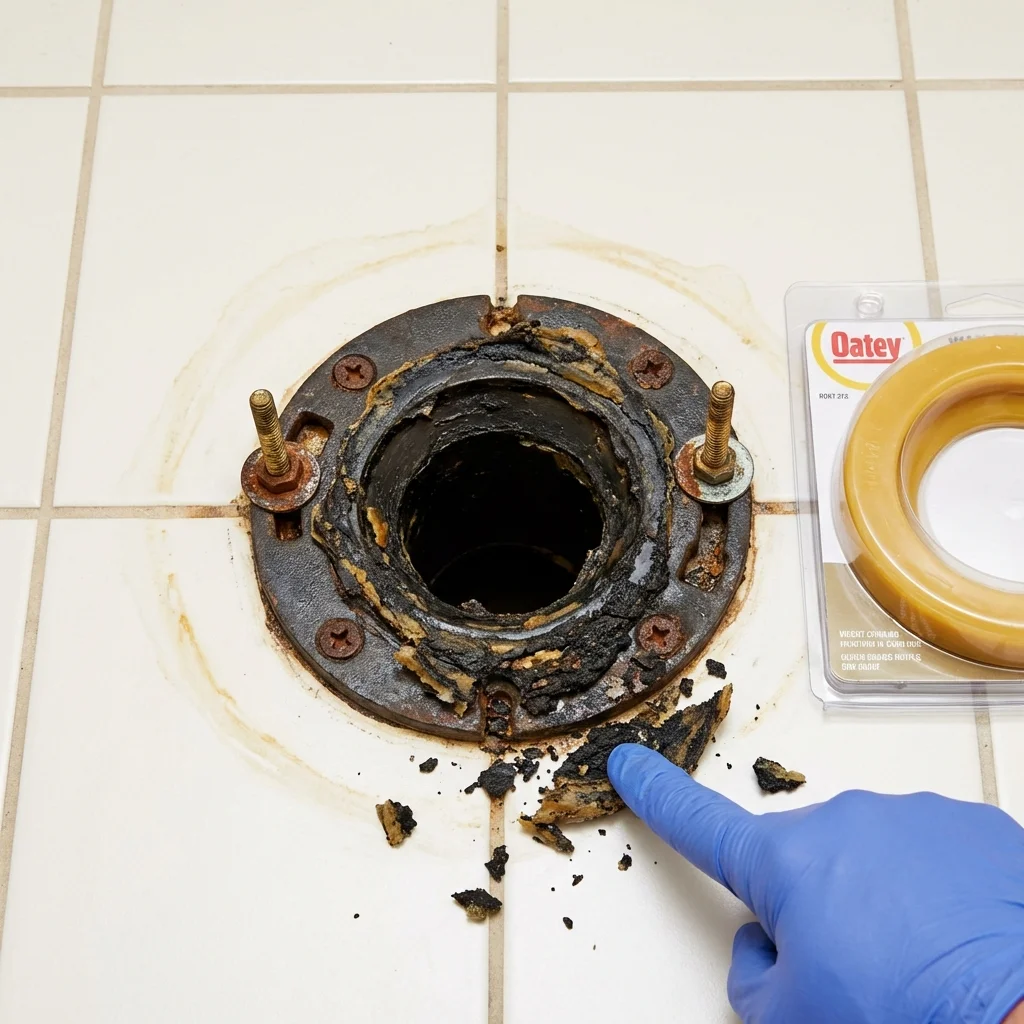 Failed wax ring showing water seepage at the base of a toilet in a Stryker, OH home