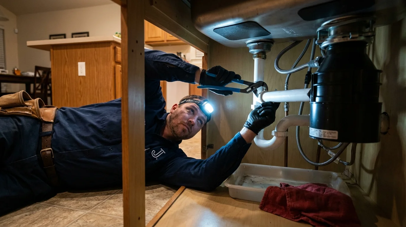 P-trap and supply line connections under a kitchen sink showing a common leak point in Stryker, OH